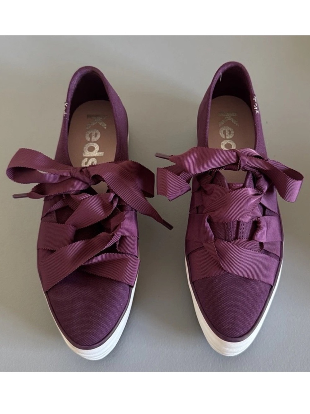 Keds Point Slip Canvas Ballet Burgundy Platform Sneaker Ribbon Lace Women's SZ 7